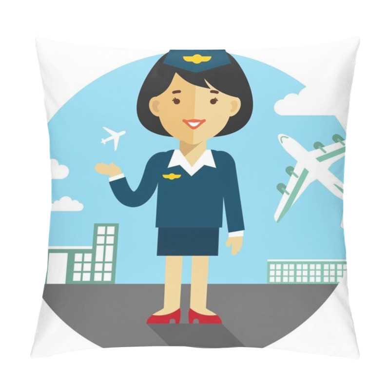Personality  Stewardess on airport background  pillow covers
