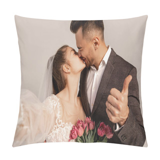 Personality  Man Showing Thumb Up While Kissing Bride Isolated On Grey With Lilac Shade Pillow Covers