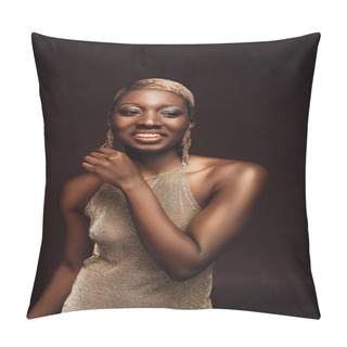 Personality  Beautiful Cheerful African American Woman With Short Hair Isolated On Brown Pillow Covers