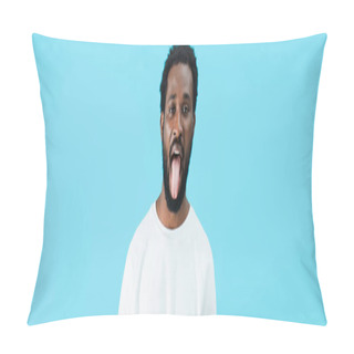 Personality  African American Man Sticking Tongue Out Isolated On Blue  Pillow Covers