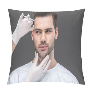 Personality  Hands In Medical Gloves Making Beauty Injection For Handsome Man, Isolated On Grey Pillow Covers