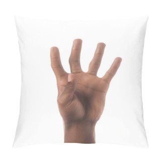 Personality  Partial View Of African American Man Showing Number 4 In Sign Language Isolated On White Pillow Covers