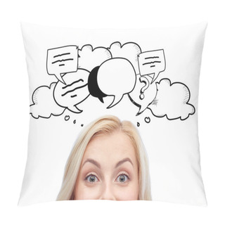 Personality  Happy Young Woman Face With Text Bubble Doodles Pillow Covers