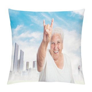 Personality Old Woman Showing Rock Symbol Pillow Covers