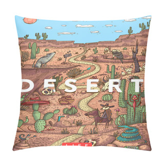 Personality  Wild Life In Desert With Animals, Birds And Plants Pillow Covers