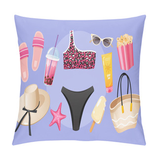 Personality  Vector Illustration With Woman Stylish Beach Clothes And Accessories. Pillow Covers