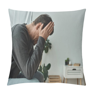 Personality  Upset Bearded Man In Casual Home Wear Sitting On Bedroom Bench And Covering Face With Hands Pillow Covers