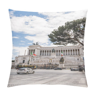 Personality  ROME, ITALY - 10 MARCH 2018: Beautiful Ancient Building Of Altare Della Patria With Cars And People On Piazza Venezia (Venezia Square) Pillow Covers
