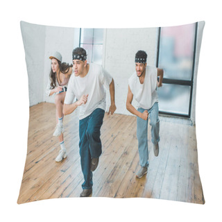 Personality  Selective Focus Of Handsome Multicultural Dancers In Headbands Dancing With Girl Pillow Covers