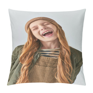 Personality  Winter Fashion, Amazed Girl In Knitted Hat And Outerwear Posing With Open Mouth On Grey Backdrop Pillow Covers