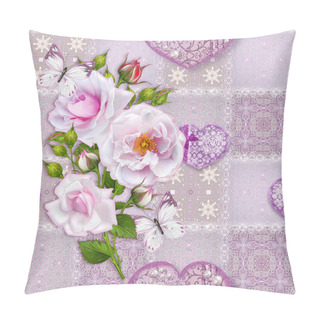 Personality  Floral Background. Seamless Pattern. Old Style, Square Shape, Pastel Tone, Patchwork. Garland Of Bright Beautiful Red Roses, Delicate Textured Heart With Beads And Pearls, Light Butterflies. Pillow Covers