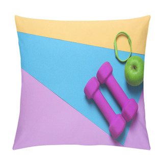 Personality  Gym Stuff And Blank Space For Exercise Plan On Color Background. Flat Lay Composition Pillow Covers