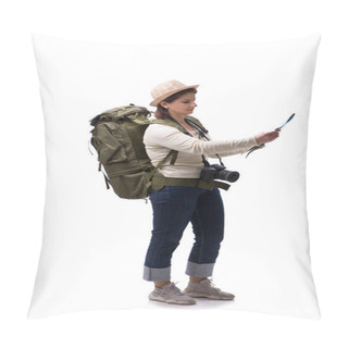 Personality  Aged Female Tourist Isolated On White Pillow Covers