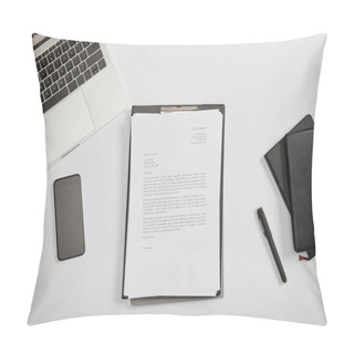 Personality  Top View Of Documet On Clipboard, Smartphone, Pen, Laptop And Notebooks  Pillow Covers