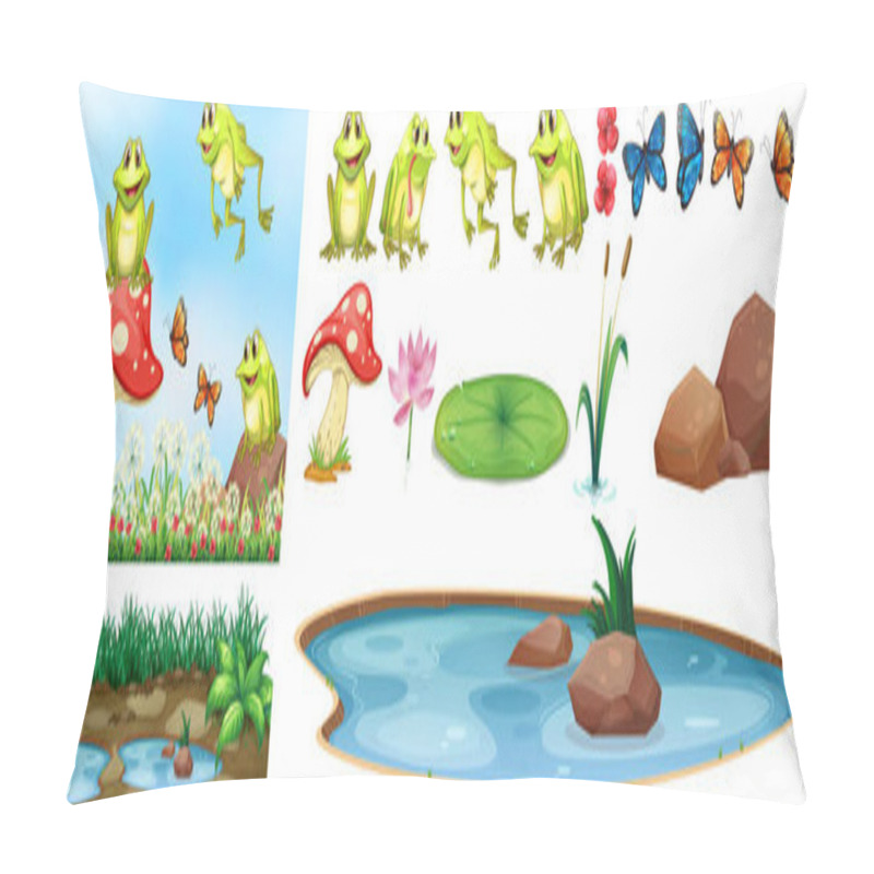 Personality  Background Scene With Happy Frogs In The Pond Illustration Pillow Covers