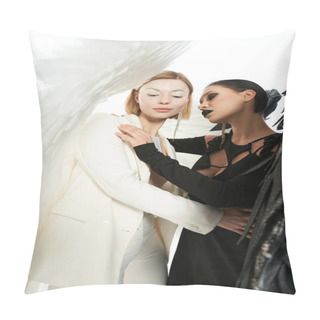 Personality  Women In Costumes Of Dark And Light Winged Creatures Embracing On White, Angel And Demon Concept Pillow Covers