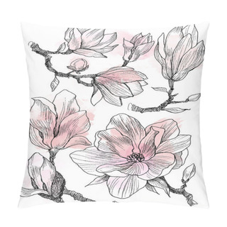 Personality  Ink, Pencil, The Leaves And Flowers Of Magnolia Isolate. Line Art Transparent Background. Hand Drawn Nature Painting. Freehand Sketching Illustration Set Pillow Covers