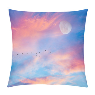 Personality  The Moon Is Rising In The Sunset Sky As A Flock Of Birds Are Flying Above The Clouds Pillow Covers