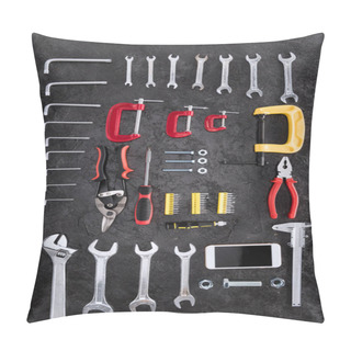 Personality  Top View Of Set Of Construction Tools And Smartphone On Black  Pillow Covers