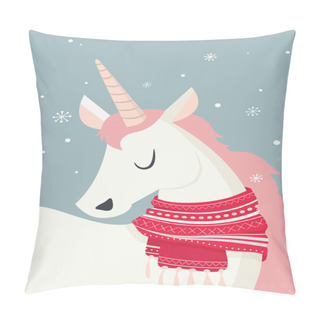 Personality  Magical Unicorn At Winter Scine. Merry Christmas And Happy New Year Pillow Covers