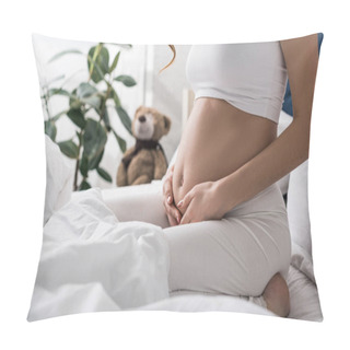 Personality  Partial View Of Pregnant Woman Touching Belly While Sitting On Bed Pillow Covers