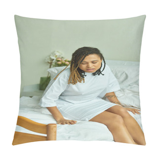 Personality  Tattooed African American Woman Sitting On Bed, Private Ward, Hospital, Unwell, Miscarriage Concept Pillow Covers