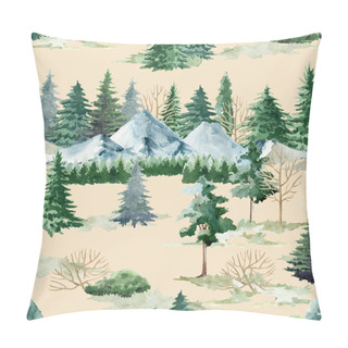 Personality  Mountain Landscape Seamless Pattern. Watercolor Illustration. Hand Drawn Realistic Wild Nature Pine, Mountain Scene Pattern. Green Forest Endless Element. Northern Nature On Pastel Cream Background Pillow Covers