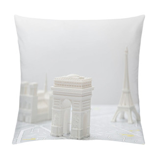 Personality  Selective Focus Of Arc De Triomphe Near Small Figurines On Map Of Paris Isolated On Grey   Pillow Covers