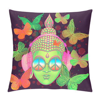 Personality  Peace And Love. Colorful Buddha In Rainbow Glasses Listening To The Music In Headphones. Vector Illustration. Hippie Peace Sign On Sunglasses. Psychedelic Concept. Buddhism, Trance Music., Pillow Covers