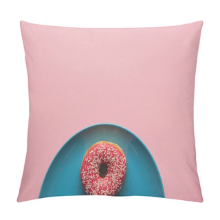 Personality  Top View Of Tasty Donut On Blue Plate Isolated On Pink  Pillow Covers