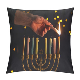Personality  Partial View Of Man Lighting Up Candles In Menorah On Black Background With Bokeh Lights On Hanukkah Pillow Covers
