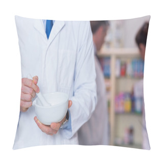 Personality  Close Up Of A Pharmacist Using Mortar And Pestle Pillow Covers