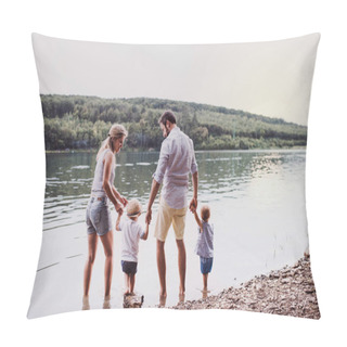 Personality  A Rear View Of Family With Two Toddler Children Outdoors By The River In Summer. Pillow Covers