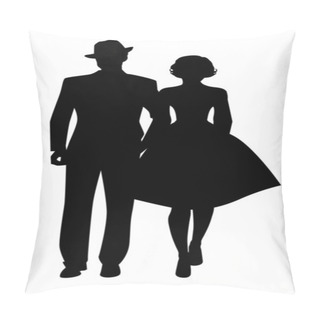 Personality  Silhouette Of Couple Walking, Wearing Retro Style Clothes, Isolated On White Background Pillow Covers