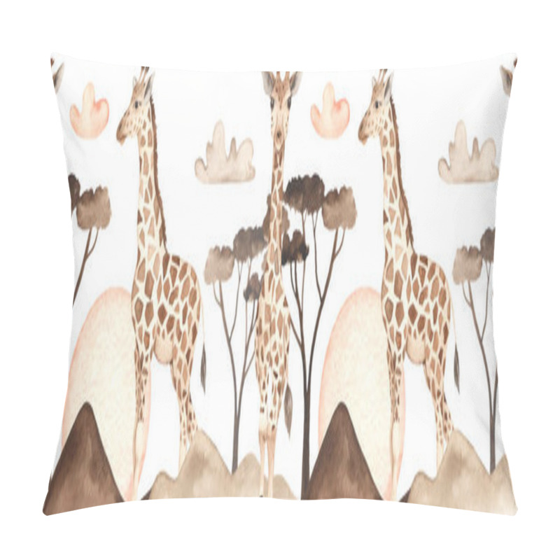 Personality  Giraffes In Savannah At Sunset With Clouds, Acacia, Sun Watercolor Seamless Border  Pillow Covers