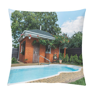Personality  Wooden Country House With Swimming Pool Near By, Trees And Cloudy Sky Pillow Covers