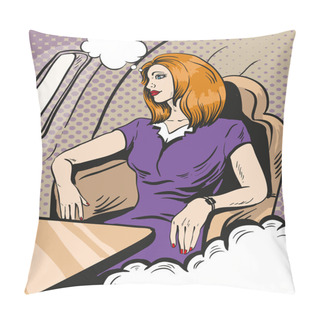 Personality  Girl Siting And Looking Out The Airplane Window. Vector Illustration In Retro Comic Pop Art Style. Business Class Private Jet Pillow Covers