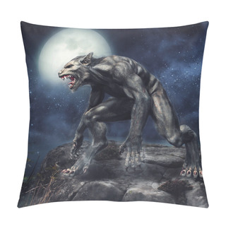 Personality  Fantasy Werewolf Standing On A Rocky Cliff On A Full Moon Night. 3D Render. Pillow Covers