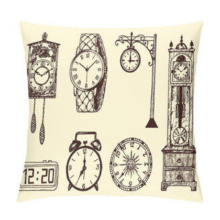 Personality  Vintage Classic Pocket Watch, Alarm Clock, Hourglass And Dial Showing Time. Ancient Collection Elements. Engraved Hand Drawn Old Monochrome Sketch. Pillow Covers