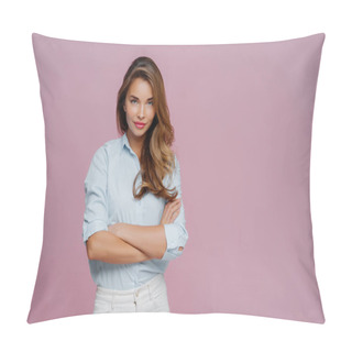 Personality  Half Length Shot Of Pleasant Looking Female Model Wears Shirt And White Jeans, Keeps Arms Folded Looks Confidently At Camera, Has Long Hair, Poses Against Purple Background, Blank Space For Promo Pillow Covers