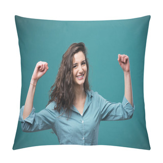 Personality  Cheerful Woman With Raised Fists Pillow Covers