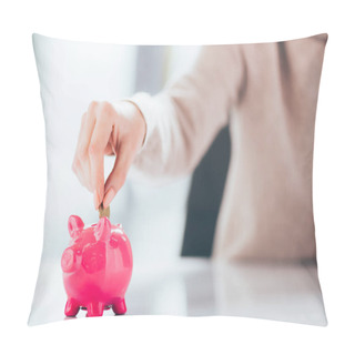 Personality  Close-up Partial View Of Woman Putting Coin Into Pink Piggy Bank   Pillow Covers