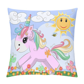Personality  A Little Pink Cute Cartoon Unicorn On A Clearing With A Rainbow, Flowers, Sun. Postcard, Spring, Magic Pillow Covers