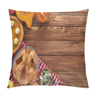 Personality  Top View Of Pumpkin Pie, Turkey And Vegetables Served At Wooden Table For Thanksgiving Dinner Pillow Covers