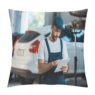 Personality  Bearded Car Mechanic In Cap Using Digital Tablet Near Cars  Pillow Covers
