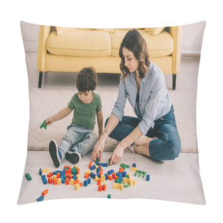 Personality  Mother And Son Playing With Toy Blocks On Carpet Pillow Covers