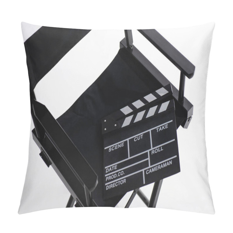 Personality  high angle view of clapperboard on director chair on white, cinema concept pillow covers