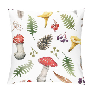 Personality  Wild Forest Herbs, Mushroom Seamless Pattern. Watercolor Illustration. Hand Drawn Wild Agaric Mushroom, Herbs, Fern, Berries Cone. Seamless Pattern For Fabric, Paper, Tixtile Print. White Background Pillow Covers