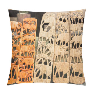 Personality  African Tribal Art Of The Big Five Animals Of South Africa, For Sale At A Market Stall. This Artwork Is Generic And Widely Available Across Markets In South Africa.  Pillow Covers
