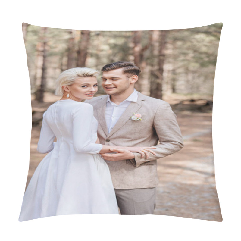 Personality  just married couple in formal wear embracing in forest pillow covers